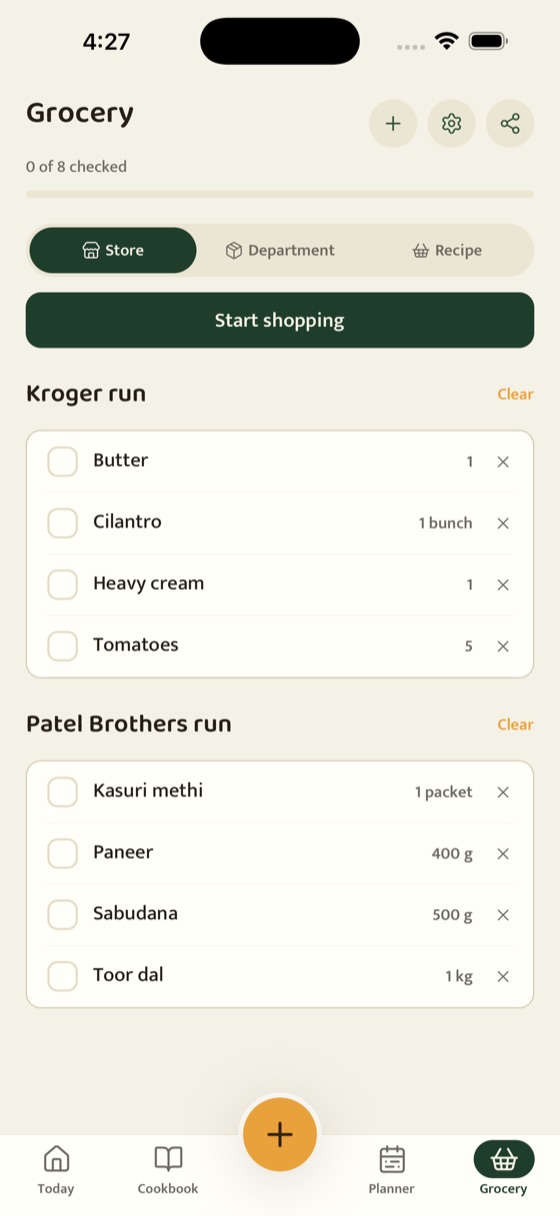 A grocery list split into a Kroger run and a Patel Brothers run