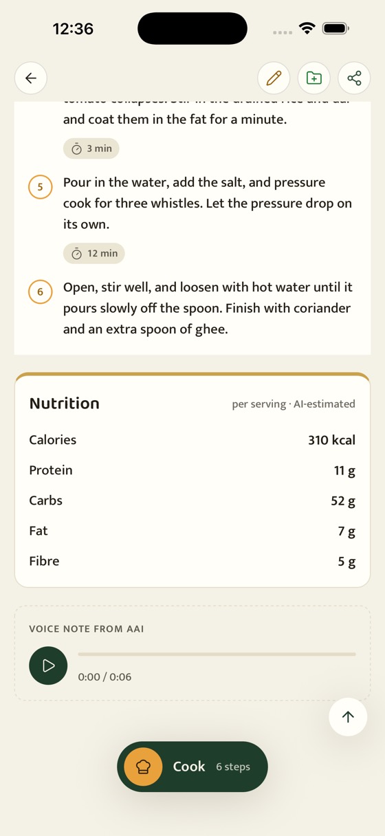 A recipe screen scrolled past the steps and nutrition to a dashed box labeled Voice note from Aai, with a play button and a six-second recording