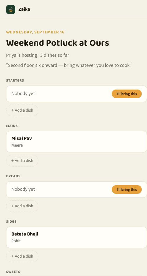 The same potluck board open in a browser with no Zaika account: Misal Pav claimed by Meera, Batata Bhaji claimed by Rohit, Starters and Breads still saying nobody yet
